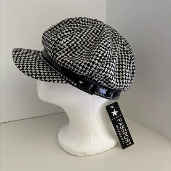 NWT Passport Accessories Black & White Houndstooth Newsboy Cap - Picture 3 of 5